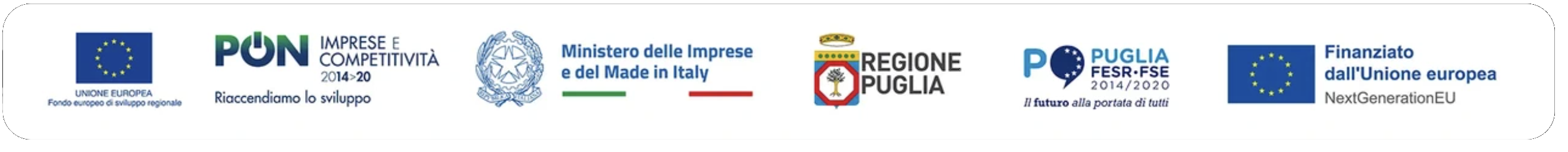 Loghi: Unione Europea, PON Imprese e Competitività, Ministero delle Imprese e del Made in Italy, Regione Puglia, Puglia FESR-FSE, Finanziato dall'Unione Europea
