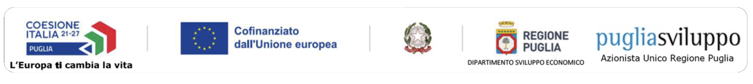 Loghi: Coesione Italia 21-27, Cofinanziato dall'Unione europea, Repubblica Italiana, Regione Puglia Dipartimento Sviluppo Economico, Puglia Sviluppo
